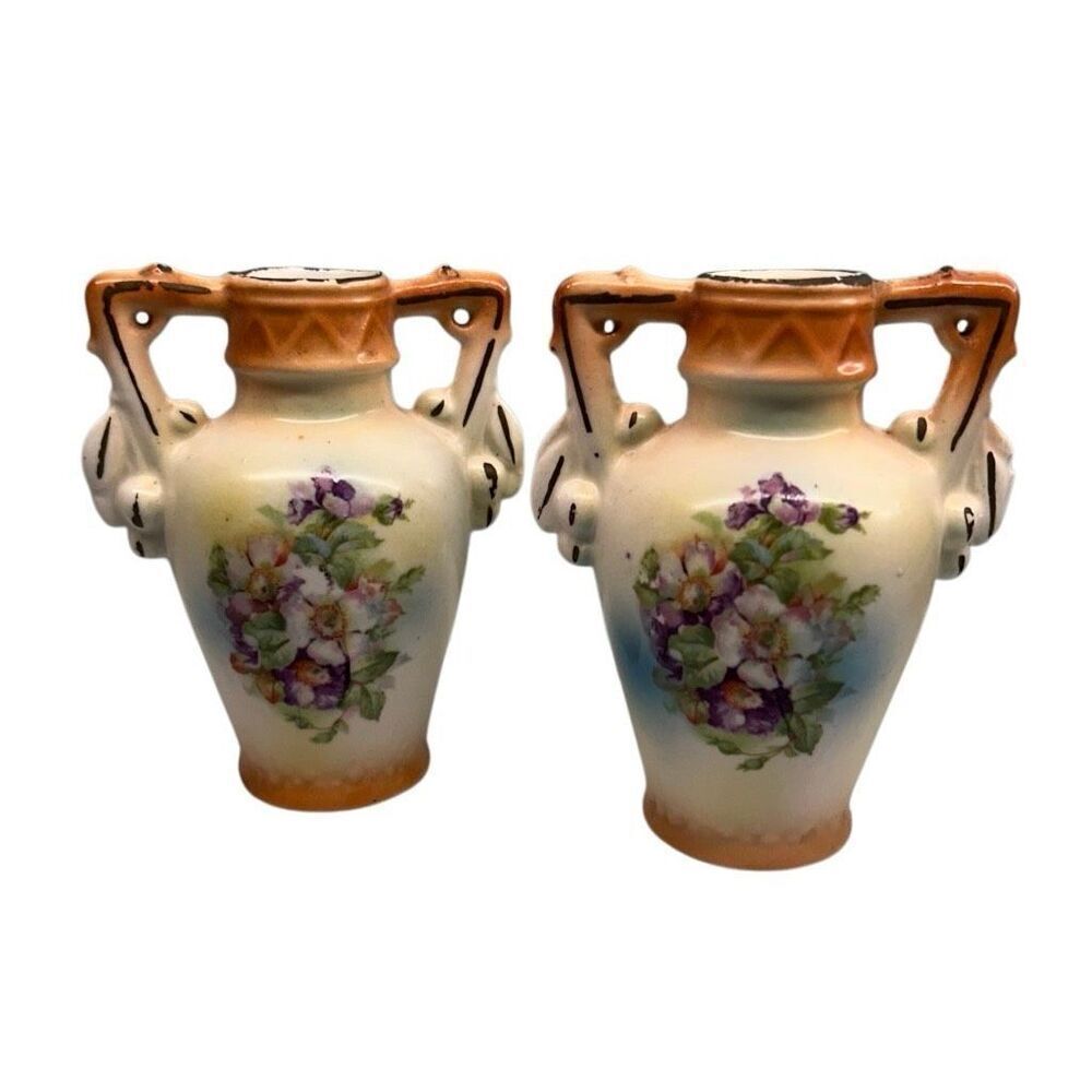 Vintage Pair Of Czechoslovakia Pottery Vase 5.5” Purple Tan Floral Double Handle